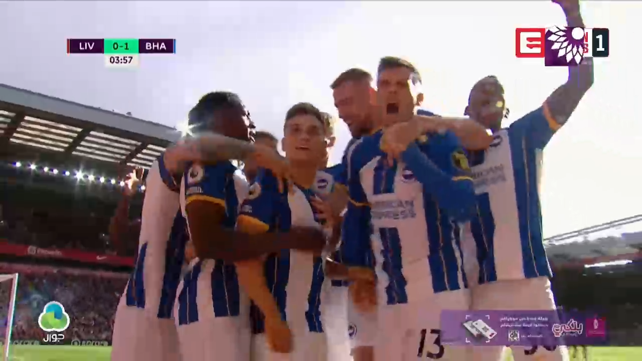 شاهد الهدف الاول (1-0) لصالح برايتون في شباك ليفربول